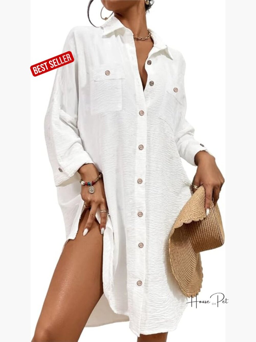 Modern Linen Texture Button Down Swim Cover Up Shirt Dress